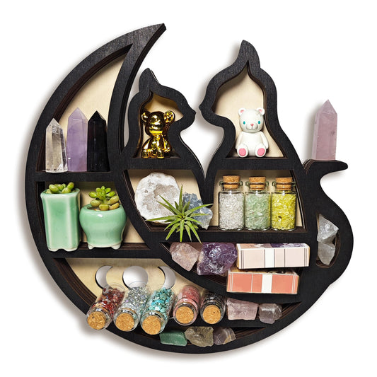 FNYDOX Crystal Display Shelf for Wall Cats on The Moon Shelf Crescent Moon Phase Cute Home Decor Wooden Rock Display Shelf Crystal Holder Stone Storage Aesthetic Hanging Floating Organizer