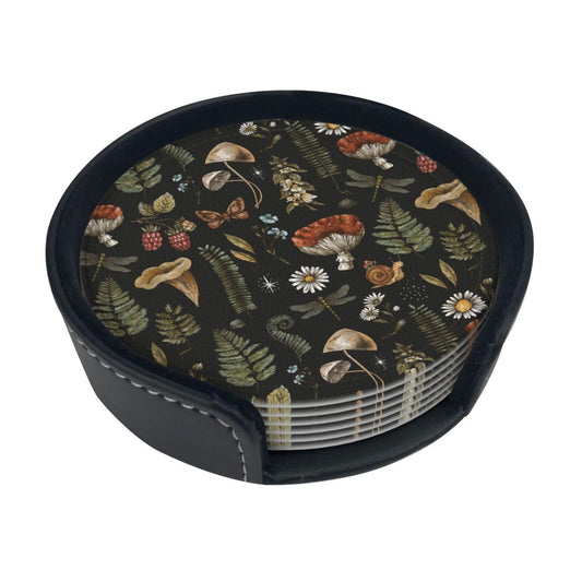 Mushroom Witch Witchy Vintage Plant Coasters for Drinks Round Leather Coaster with Holder Set of 6 for Tabletop Protection Desk Accessories Office Home Room Decor